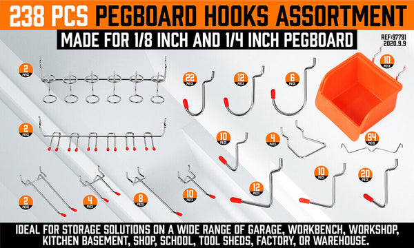 238Pc Pegboard Hooks Set Peg board Bins Parts Storage Assortment Tools Organiser